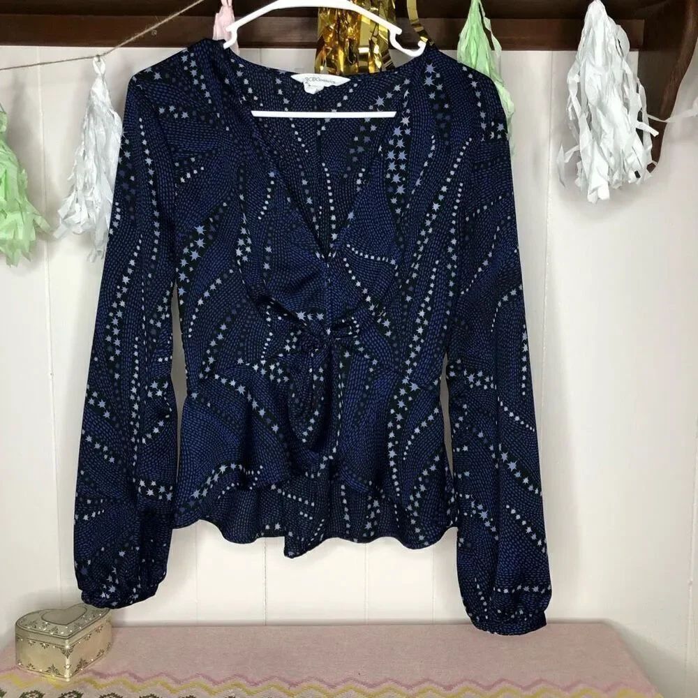 BCBGeneration Womens Star Print Long Sleeve Blouse Top Navy Blue Black Small